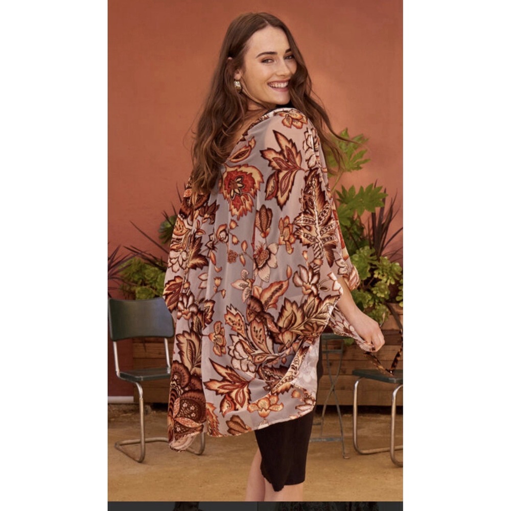 World Market  Velvet Floral Burnout Kimono One Size Isla Brown And Ivory Boho